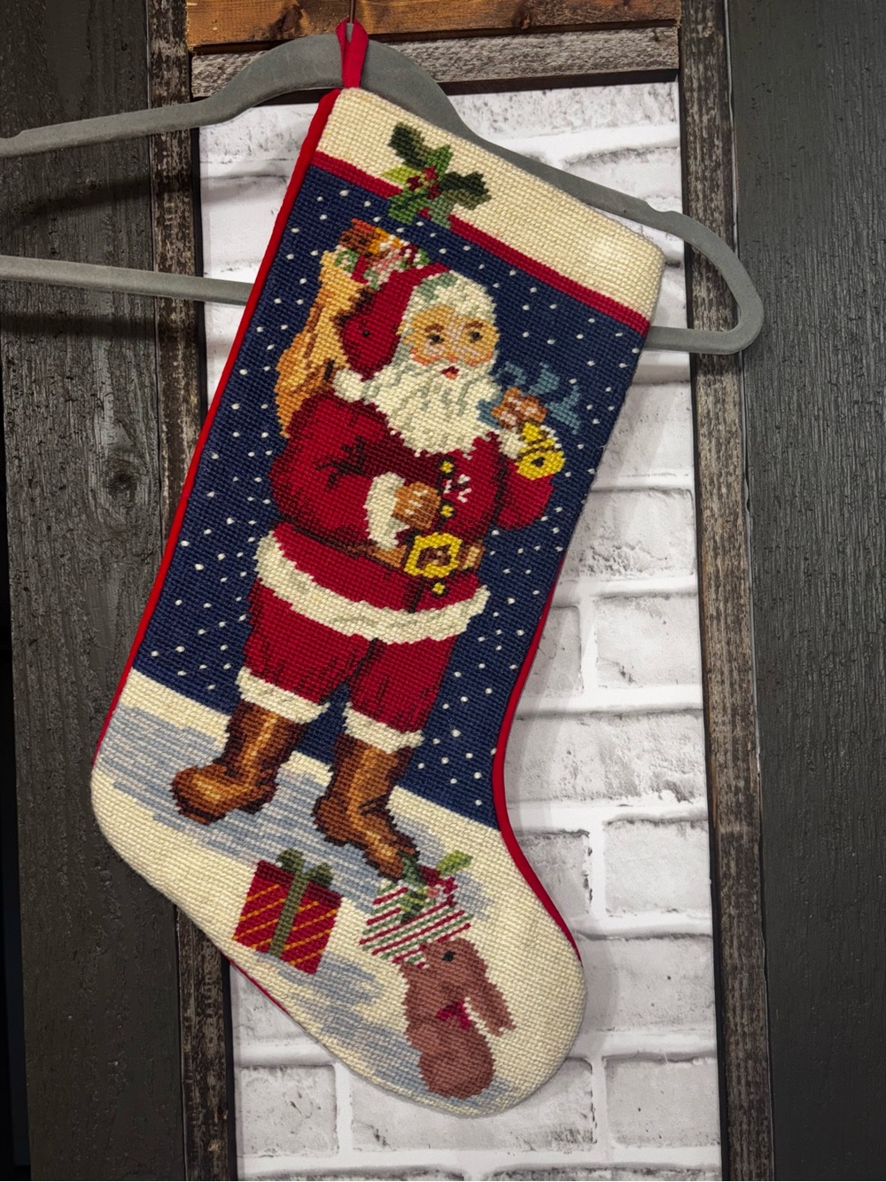 Handmade Red Santa Christmas Stocking with Navy Background